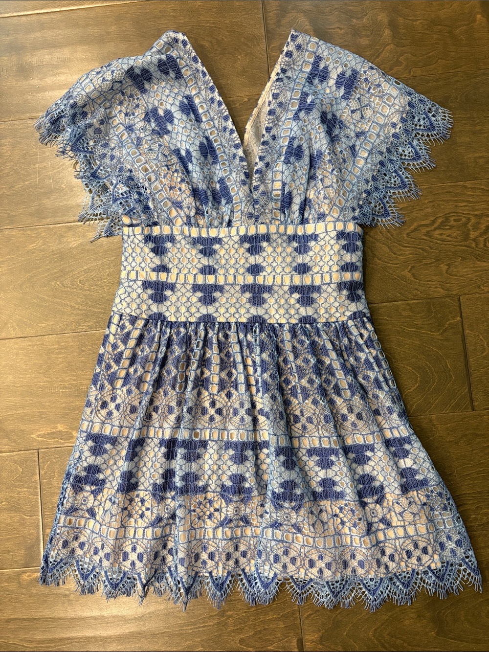BCBGMaxAzria Blue Lace V-Neck Mini Dress